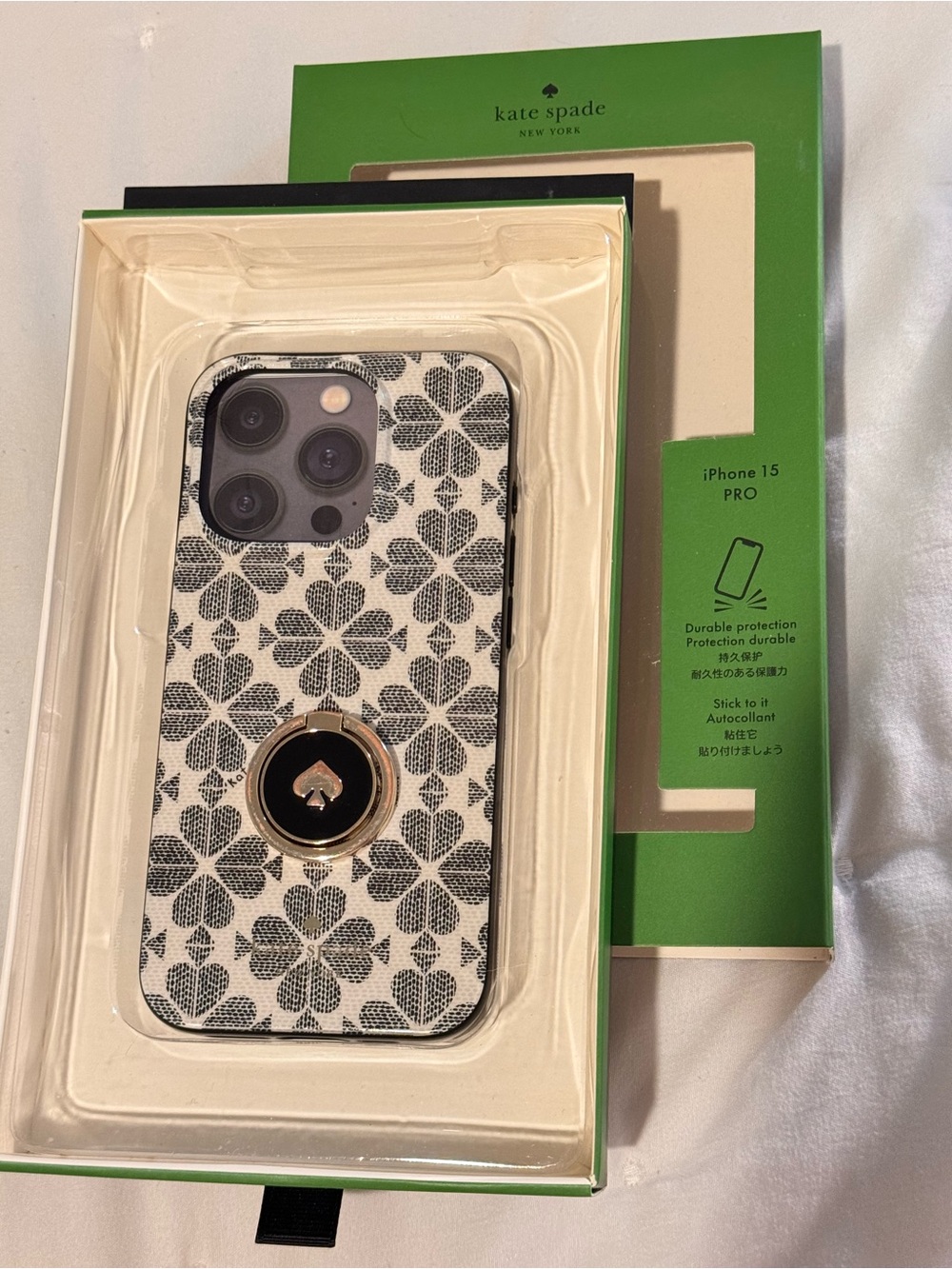 Kate Spade iPhone 15 Pro Spade Flower Ring Stand Case Black Multi KG723